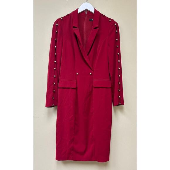 Badgley Mischka Burgundy V-Neck Long Sleeve Gold Button Suit Sheath Dress Size 6 - Picture 1 of 16